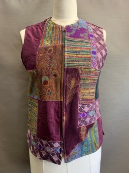 Womens, Vest, COLDWATER CREEK, Plum Purple, Assorted Colors, Wool, Polyester, Abstract , B:36, M, Quilted, Zip Front, Crew Neck,