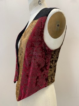 Womens, Vest, TODD OLDHAM, Black, Red Burgundy, Brown, Rayon, Patchwork, Brocade, L, 4 Buttons, Single Breasted, V Neck, Velvet Texture