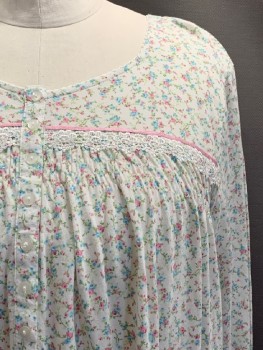 Womens, Nightgown, EARTH ANGELS, White, Pink, Baby Blue, Lt Green, Cotton, Polyester, Floral, 2XL, L/S, Wide Neck, B.F., Lace Band
