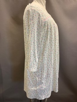 Womens, Nightgown, EARTH ANGELS, White, Pink, Baby Blue, Lt Green, Cotton, Polyester, Floral, 2XL, L/S, Wide Neck, B.F., Lace Band