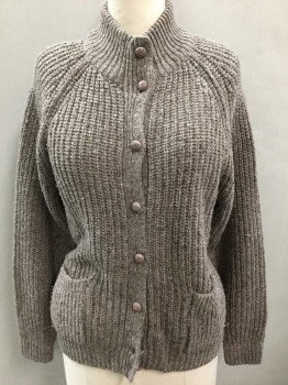 CAPTIONS, Taupe, Acrylic, Wool, Solid, Thick Ribbed Knit, Raglan Sleeves, Plastic Taupe Buttons, 2 Hip Patch Pockets, Stand Collar, Shoulder Pads,