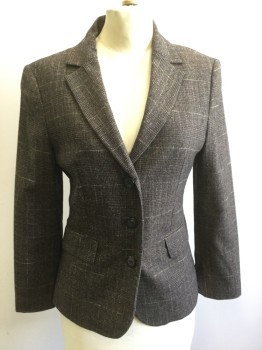 BENETTON, Dk Brown, Lt Brown, Black, Wool, Nylon, Plaid, Tweed, Single Breasted, Collar Attached, Notched Lapel, 3 Buttons,  2 Flap Pockets, Long Sleeves
