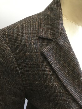 BENETTON, Dk Brown, Lt Brown, Black, Wool, Nylon, Plaid, Tweed, Single Breasted, Collar Attached, Notched Lapel, 3 Buttons,  2 Flap Pockets, Long Sleeves