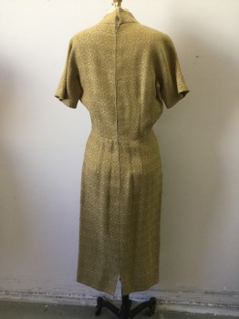 N/L, Mustard Yellow, Lt Brown, Beige, Wool, Novelty Pattern, Medallion Brocade Pattern. Fitted at Waist. All Pleating at Front with Darts at Back Waist. Short Sleeves,