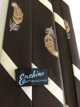 Mens, Tie, Enchino, Dk Brown, Off White, Peach Orange, Cream, Green, Polyester, Diagonal Stripe with Feather Pattern