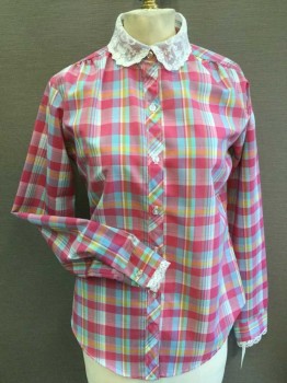 N/L, Pink, Aqua Blue, Yellow, White, Slate Blue, Polyester, Cotton, Plaid, Cream Lace Collar Attached & Cuffs Trim, Button Front, Long Sleeves,