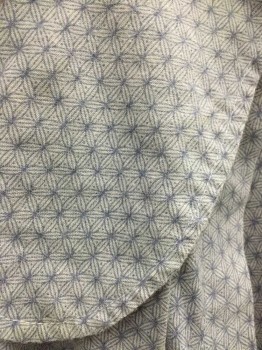 MTO, Dusty Blue, Slate Blue, Cotton, Geometric, Made To Order, Geometric 'Snowflakes' Cotton Print, Pale Pink Plastic Buttons Center Front with Hooks and Thread Loops, Snap Modesty Panel with Over-dyed Eyelet, Rounded Collar, Puffed Long Sleeves, Double Pleat Skirt Back,