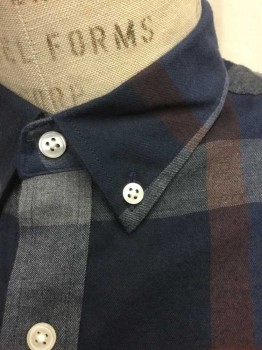 GANT, Navy Blue, Red Burgundy, Gray, Cotton, Silk, Plaid, Flannel, Long Sleeve Button Front, Collar Attached, Button Down Collar, 1 Pocket