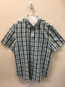 PENGUIN, Lt Blue, Gray, Navy Blue, Poly/Cotton, Plaid, Short Sleeves, Collar Attached, Button Front, 1 Pocket,