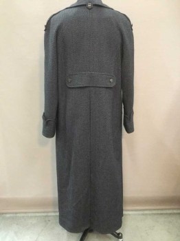 Womens, Coat, M.T.O., Black, Charcoal Gray, Green, Red, Novelty Pattern, B38/40, Long Coat, Double Breasted, Tab Button Closure, Collar Attached, Notched Lapel with 2 Tabs On Right Side, Epaulets, Tab Back Neck Closure Around Collar, 2 Diagonal Pockets with Tab Button, Scalloped Folded Over Cuff, Pleated Center Back, Large Button Tab Center Back Waist, Green with Black Leaf and Red Berry Lining, Multiples,