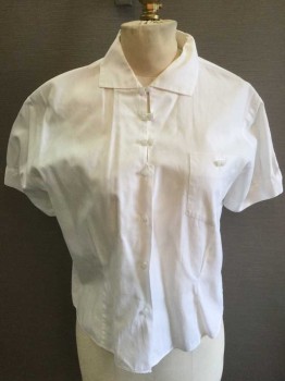 Womens, Blouse, MISS PAT FASHIONS, White, Cotton, Solid, B:38, Short Sleeve,  Button Front, Collar Attached, Off White Heart Shaped Buttons, 1 Pocket, **Brown Stains In Front Right Side, Near Hem