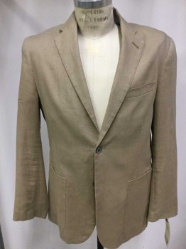 Mens, Sportcoat/Blazer, Tasso Elba , Caramel Brown, Linen, Solid, M, Single Breasted, 2 Buttons,  3 Pockets, Notched Lapel, Hand Picked Collar/Lapel,