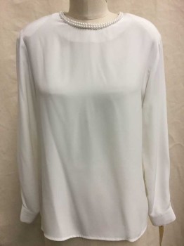 N/L, White, Polyester, Solid, Pearl Round Neck, Long Sleeves, Padded Shoulders, Key Hole Back w/ Single Button 