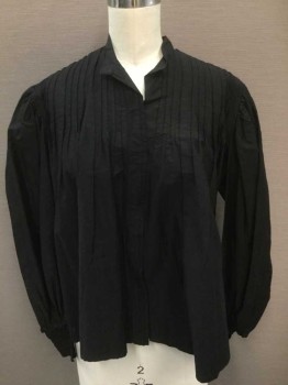 N/L, Black, Silk, Solid, Long Sleeves, Hook and Eye Closures At Front, Band Collar,  Vertical 1/4" Pleats At Shoulders To Chest In Front, At Center Back Shoulders To Hem, and At Cuffs, Puffy Sleeves Gathered At Shoulder, **Has Some Wear At Cuffs,