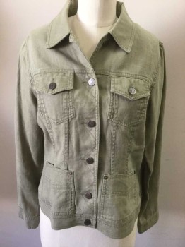 Womens, Casual Jacket, EDDIE BAUER, Olive Green, Linen, Solid, S, Button Front, Collar Attached, 4 Pockets, No Lining