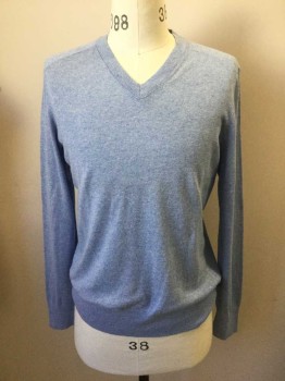 Mens, Pullover Sweater, BANANA REPUBLIC, Lt Blue, Silk, Linen, Heathered, M, Ribbed Knit V-neck, Ribbed Knit Shoulders/Waistband/Cuff