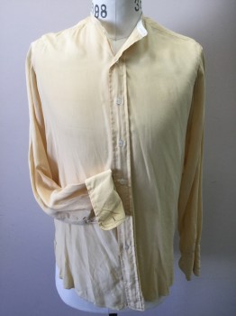 VELVET ROSE, Butter Yellow, Silk, Solid, Soft Butter Yellow Silk, Long Sleeves, Button Front, Band Collar, French Cuffs,
