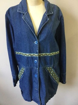 N/L, Denim Blue, Cotton, Solid, Geometric, Denim, with 1" Wide Cream/Beige/Black/Turquoise Geometric Zig Zag Pattern Trim at High Waist, Pockets, Etc, Blue Buttons at Front, Notched Lapel,