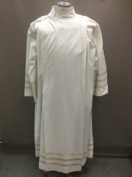 Unisex, Cassock, SLABBINCK, Cream, Cotton, Polyester, Solid, L/XL, Tabbard Like Panel at Front with Self Covered Buttons at Shoulders, Long Sleeves, Wrapped Stand Collar, Floor Length Hem, Open Threadwork Crochet Stripes at Cuffs and Near Hem