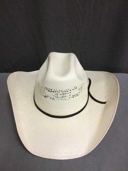 Mens, Cowboy Hat, PONDEROSA, White, Black, Straw, Solid, 7 3/8, White Opaque Straw with Small Decorative Holes in Crown, 1/4" Black Grosgrain Band
