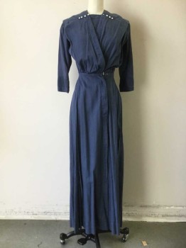 MTO, Navy Blue, Cotton, Solid, Surplice Top, Gathered at Waist, Pleated From Shoulders, Modesty Panel with Self Stripe Panel, 3/4 Sleeve, Attached Self Stripe Decorative Panel at Collar with White Button Detail, Self Stripe Panels at Sleeve Cuff, Pleated Skirt with Hook & Eye and Button Closure, Shoulder Burn, Multiples,