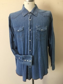Mens, Western Shirt, WRANGLER, Lt Blue, Cotton, Solid, XXL, Denim with Tan Stitching. Snap Front Clos. Long Sleeves, Collar Attached, with Yoke