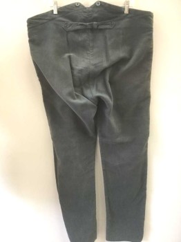DARCY, Dk Gray, Cotton, Solid, Flannel Like Material, Button Fly, Suspender Buttons at Outside Waist, 2 Side Seam Pockets, Belted Back, Aged/Dirty/Discolored Throughout,