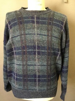 CHRISTOPHER HAYES, Slate Blue, Navy Blue, Gray, Wool, Plaid, Long Sleeves, Crew Neck, Small Orange, White, Red, Etc Specks Throughout,