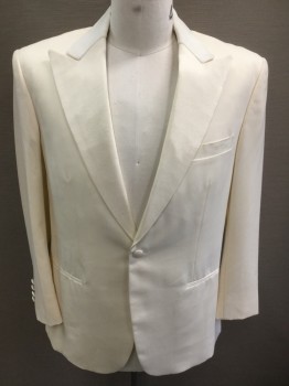 Mens, 1970s Vintage, Formal Jacket, MTO, Bone White, Wool, 43R, Made To Order, Single Breasted, 1 Button, Faille Peaked Lapel, Velvet Collar, 3 Pockets,