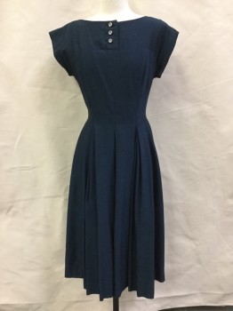 MTO, Teal Blue, Black, Acetate, 2 Color Weave, Bateau/Boat Neck, Cap Sleeves, 3 Buttons,  Detail, Inverted Box Pleats at Front Waist, Gathers at Center Back Waist, V-back with Bow at Back Neck Line, Yoke, Back Zipper,