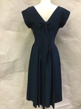 MTO, Teal Blue, Black, Acetate, 2 Color Weave, Bateau/Boat Neck, Cap Sleeves, 3 Buttons,  Detail, Inverted Box Pleats at Front Waist, Gathers at Center Back Waist, V-back with Bow at Back Neck Line, Yoke, Back Zipper,