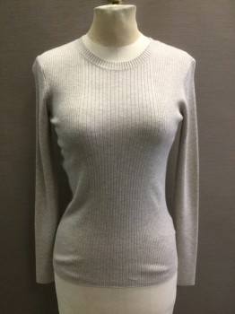 Womens, Pullover, H&M, Oatmeal Brown, Viscose, Polyester, Heathered, S, Ribbed Knit Thin L/S, CN,