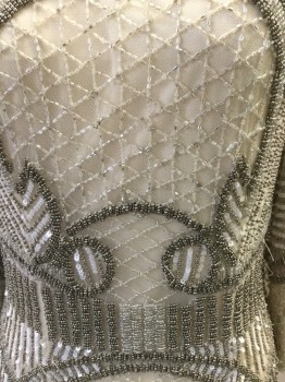 PARKER, Antique White, Silk, Geometric, Netting with Silver and Clear Beading, Taupe and Cream Sequins, Swirls/Stripes/Check Patterns, Scoop Neck, Long Sleeves, Zip Back, Curved Hem at Side Seams