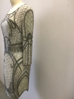 PARKER, Antique White, Silk, Geometric, Netting with Silver and Clear Beading, Taupe and Cream Sequins, Swirls/Stripes/Check Patterns, Scoop Neck, Long Sleeves, Zip Back, Curved Hem at Side Seams