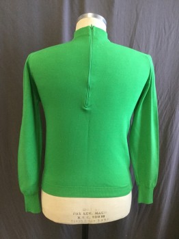Mens, Sweater, BANLON, Kelly Green, White, Ban-lon Synthetic, Solid, Stripes, M, Pullover, Long Sleeves, 1/2 Zip Back, Ribbed Knit Mock Turtleneck Collar, Green/White Stripe V-neck Insert, Ribbed Knit Cuff/Waistband