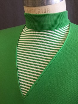 Mens, Sweater, BANLON, Kelly Green, White, Ban-lon Synthetic, Solid, Stripes, M, Pullover, Long Sleeves, 1/2 Zip Back, Ribbed Knit Mock Turtleneck Collar, Green/White Stripe V-neck Insert, Ribbed Knit Cuff/Waistband