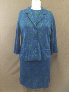Womens, 1960s Vintage, Suit, Jacket, MTO, Blue, Green, Black, Wool, Silk, Abstract , W 38, B 42, Abstract Web Knit Pattern, Single Breasted, Rounded Collar Attached with Solid Blue Piping, Notched Lapel, 3 Fabric Covered Buttons, 2 Pocket, 3/4 Sleeve
