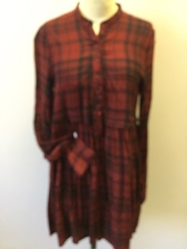 RENAMED, Dk Red, Black, Rayon, Plaid, Mandarin/Nehru Collar, Button Front, Long Sleeves, 1" Flap at Waist with Gathered Skirt