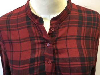 RENAMED, Dk Red, Black, Rayon, Plaid, Mandarin/Nehru Collar, Button Front, Long Sleeves, 1" Flap at Waist with Gathered Skirt