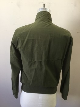 Mens, Casual Jacket, BARACUTA, Dk Olive Grn, Poly/Cotton, Solid, 38, Zip Front, Button Tab Collar, Raglan Sleeves, 2 Flap Pockets, Umbrella-Style Back Yoke, Ribbed Knit Cuff/Waistband
