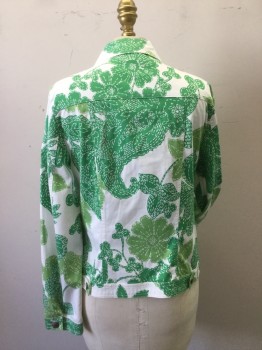 Womens, 1990s Vintage, Piece 1, GEIGER, White, Lime Green, Kelly Green, Cotton, Floral, B: 34, Jean Jacket Style, Button Front, Collar Attached, 2 Faux Flap Pocket,
