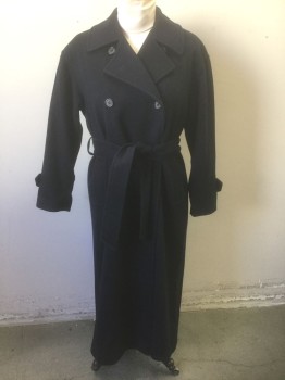 Womens, Coat, ANNE KLEIN II, Navy Blue, Wool, Solid, 8 P, Double Breasted, Notched Lapel, Padded Shoulders, Mid Calf Length, **With Self Fabric Belt