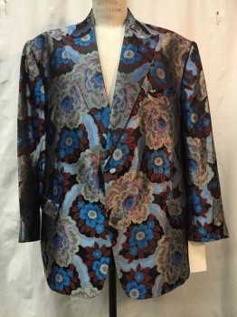 Mens, Sportcoat/Blazer, 5001 FLAVORS, Black, Silver, Blue, Red, Pink, Synthetic, Floral, 54, Black/ Silver/ Blue/ Red/ Pink Floral Print, Peaked Lapel, 2 Buttons,  3 Pockets,