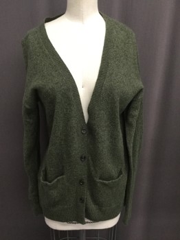 Womens, Sweater, MADEWELL, Green, Cotton, Viscose, Solid, XS, Heathered Pine, V-neck, Slit Pockets