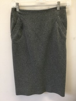 Womens, Skirt, Knee Length, NARCISO RODRIGUEZ, Gray, Wool, Solid, H:34, W:26, Pencil Skirt, 2 Slanted Side Pockets, Off Center Invisible Zipper in Back
