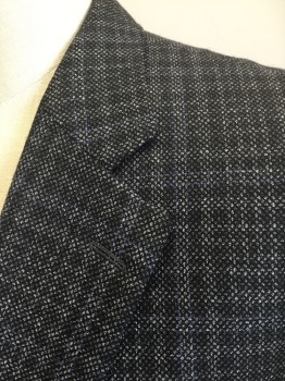 Mens, Sportcoat/Blazer, JACK VICTOR, Charcoal Gray, White, Periwinkle Blue, Gray, Wool, Plaid-  Windowpane, Speckled, 50R, Single Breasted, Notched Lapel, 2 Buttons, 3 Pockets, Navy Lining