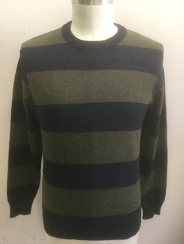 Mens, Pullover Sweater, J.CREW, Olive Green, Charcoal Gray, Cotton, Wool, Stripes - Horizontal , L, Knit, Long Sleeves, Crew Neck, **Barcode Located at Left Side