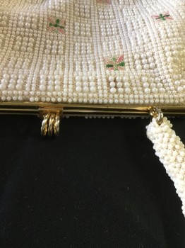 N/L, Cream, Pink, Green, Beaded Handbag, Cream Beaded, Pink/Green Square Embroidered Sections, Gold Ring Closure, Gold Hardware