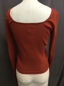 URBAN OUTFITTERS, Brick Red, Cotton, Elastane, Solid, Square Neck, Long Sleeves,