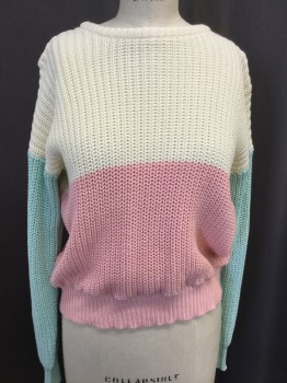 Womens, Pullover, AMERICAN APPAREL, Cream, Pink, Mint Green, Cotton, Stripes, Solid, XS, Crew Neck, Cream Top Half, Pink Bottom, Mint SleevesFC047550